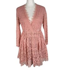 ASOS Fit & Flare Dress Women Size 6 Pink Allover Lace Floral Pleated Wrap V Neck