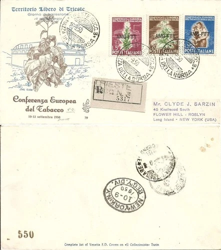 Envelope FDC Venetia Trieste Tobacco 1950.  Recommended foreign. Rare