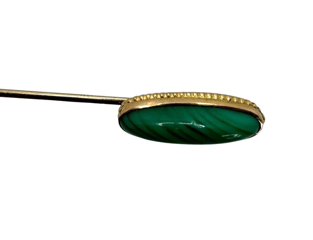 Signed Solid 10K Yellow Gold Malachite Stick Pin - image 2