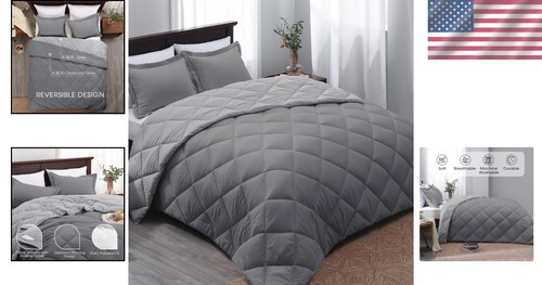 Modern Twin Bed Comforter Set - Reversible Grey/Charcoal for -Round Comfort - Picture 2 of 10