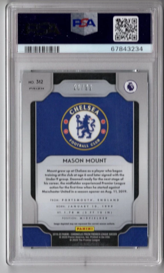 Mason Mount 2019-20 Chronicles EPL Prizm Blue Ice 312 Rookie RC PSA 9 Man United - Image 2 of 2