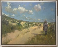 DEREK BUCKNER 'Walking the Dunes w BLACK LAB DOG' Painting - Listed CONTEMPORARY