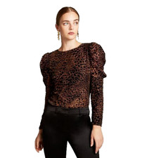 Elie Tahari  XS (S) Noelle Leopard Puff Sleeve Top Brown Shirt Blouse Burnout