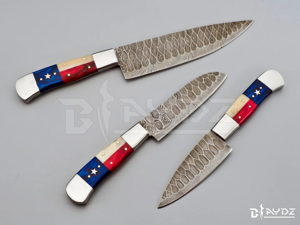 Juego de cuchillos de cocina de acero damasco bandera de texas forjados a mano personalizados de 3 piezas Foto 2 de 4