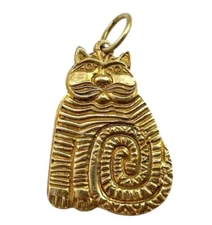 Vintage Cat Charm Pendant Etched Brass Jewelry Sitting Kitty Stripped Charm Gift