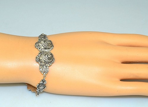 VINTAGE STERLING SILVER ROSE MARCASITE LINK 7.25" BRACELET GERMANY HIDDEN CLASP