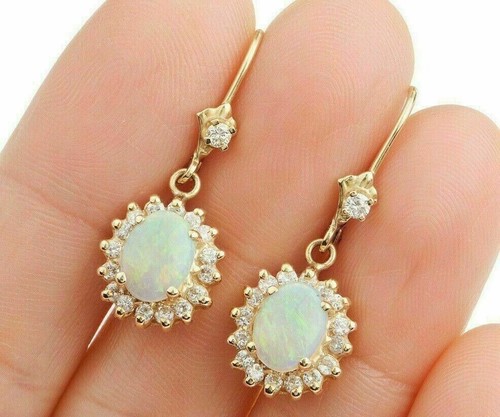 4Ct Oval Fire Opal & Diamond Drop Earrings, 925 Sterling Silver With Yellow Finish, Dangle Style For Women