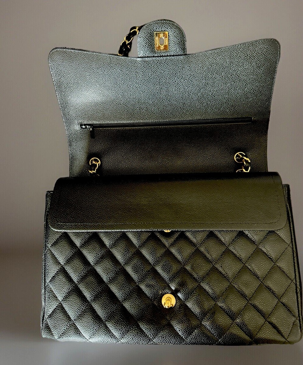 CHANEL Jumbo Classic Black Lambskin Leather Black Gold Double Flap