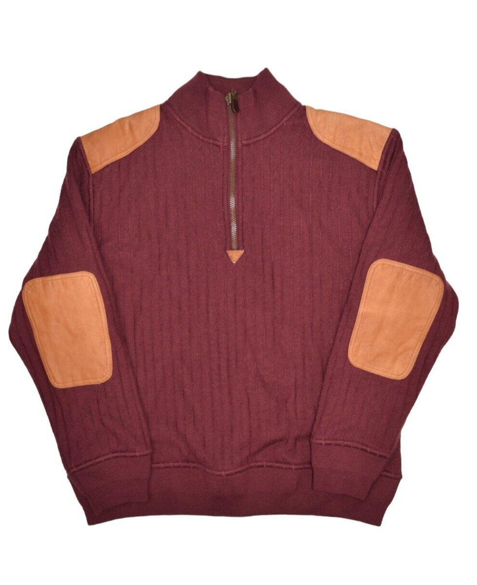 Orvis Sweater Mens L Wool Blend 1/2 Zip Pullover Ribbed Leather