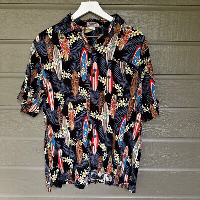 Aloha Hut Hawaii Hawaiian Shirt Surf Boards Tropical Mens Medium Black