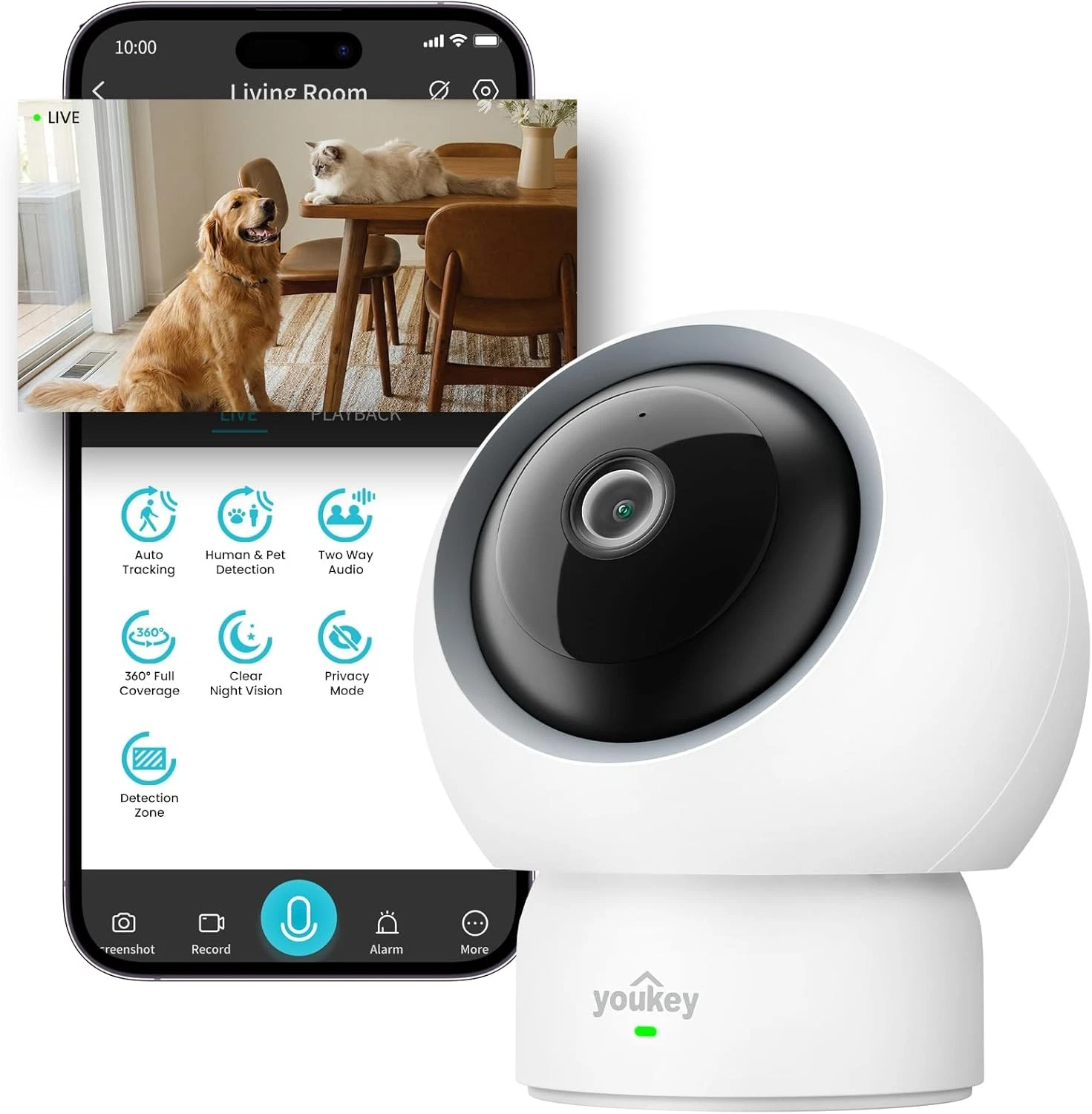 youkey 2.5K Indoor Pet Security Camera 360 AI Tracking Two-Way Audio Night Visio