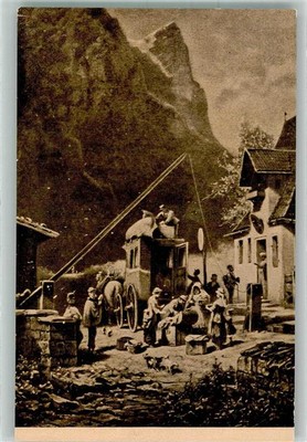 39998648 - Travellers in front of a stagecoach in the high mountains Spitzweg, C.