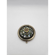 Vintage Style Dual Mirror Compact Floral Rhinestone Brass Tone