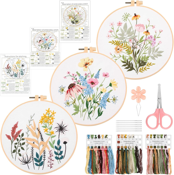 AnfäNger Stickset Blumenmuster Mit Rahmen, Anleitung, FäDen Und Werkzeug-image