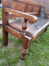 Long Wood Pub Bench / Brown Leather Seat / Patterned Fabric Back / Hospitality