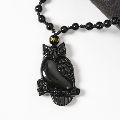 Crystal Natural black Obsidian owl Necklace pendant Bead with bead Chain NEW