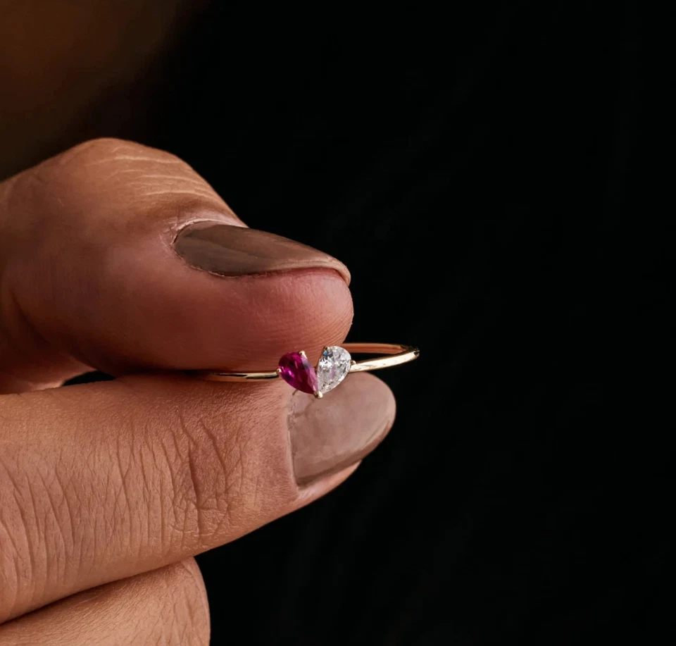 Ruby Engagement Ring, lab created Two Stone Ring, Gold Plated Silver Ring - Image 2 of 4