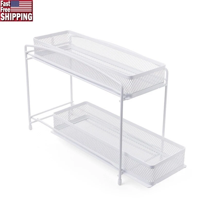 White Steel Spice Organizer Rack W/ Two Pull-Out Mesh Baskets Kitchen Storage US