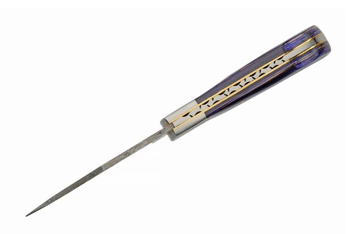 Klappmesser | 3,5 Zoll Damaststahl Klinge blau Holzgriff Lockback + Hülle - Bild 2 von 6