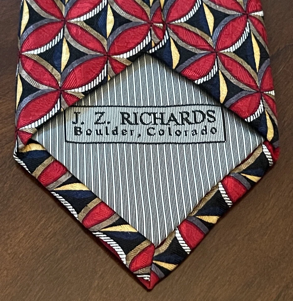 J.Z Richards Red Black Gold Hand Made 100% Silk Men’s Neck Tie Made In USA Long - Image 2 of 4
