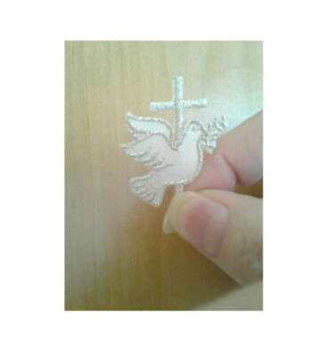 Dove W/Cross - Holy Spirit - Baptism - Sil/Wht - Embroidered Iron On Patch - R