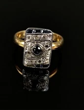 Fancy Art Deco Sapphire Diamond Ring, 750/18K Yellow Gold (Tested)