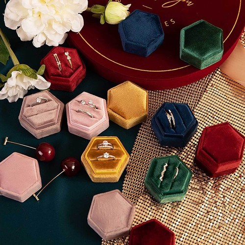 Hexagon Velvet Ring Box with Detachable Lid Wedding Ceremony Double Rings Holder - Picture 8 of 23