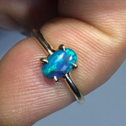 Australischer schwarzer Opal Ring oval klein massiv 53pt Edelstein Gr. 6 14k Gold b044 - Bild 5 von 11