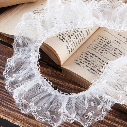 1 Yard Weiß Plissiert Perlenkante Spitzenborte DIY Hochzeitskleid Nähen Handwerk - Picture 2 of 5