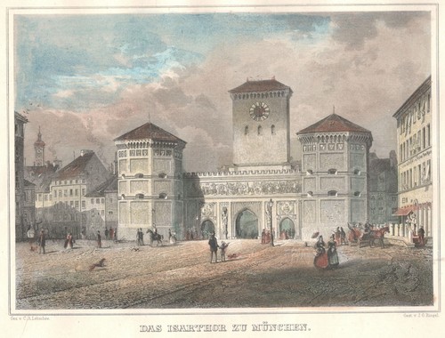 Grabado en acero coloreado "DAS ISARTHOR ZU MÜNCHEN" de J. G. Riegel, C. A. Lebsche - Imagen 2 de 4