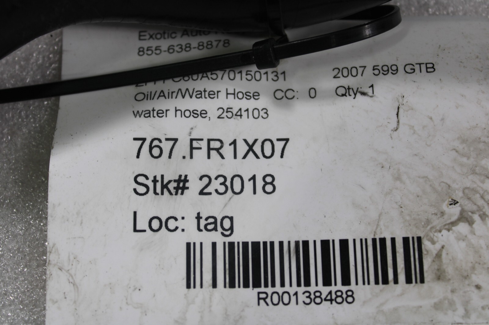 Ferrari 599 GTB, Water Hose, Used, P/N 254103