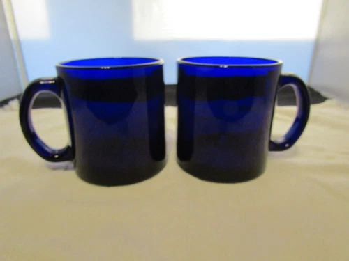 2 Beautiful Colbalt Blue Vintage Heavy Glass Coffee Mugs 12oz. Made in USA