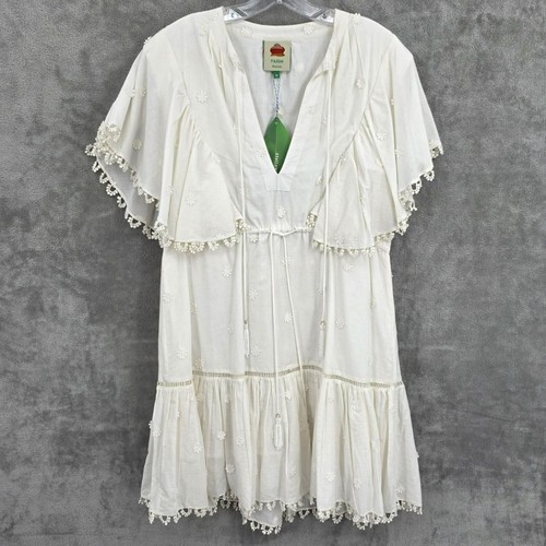 Mini Vestido Farm Rio Flor 3D M Blanco Cuentas Borlas Cuello en V Nuevo Con Defectos - Imagen 15 de 15
