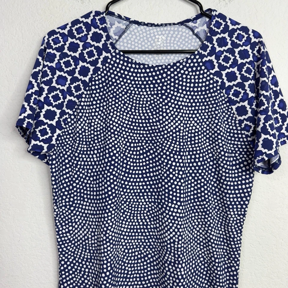 Traje de baño Title Nine Rash Guard para mujer XL azul blanco geométrico a lunares acanalados Foto 3 de 4