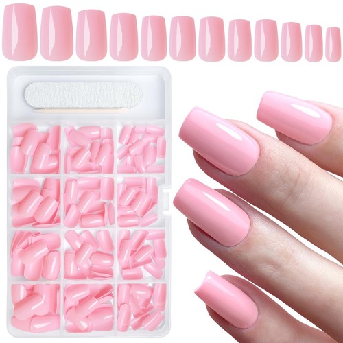 240pcs Pink Press on Nails Medium Square Fake Nails, Glossy Acrylic Press on ...