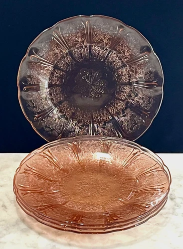 Jeanette Cherry Blossom Set of 4 Pink Depression Glass 9" Dinner Plates – Vtg