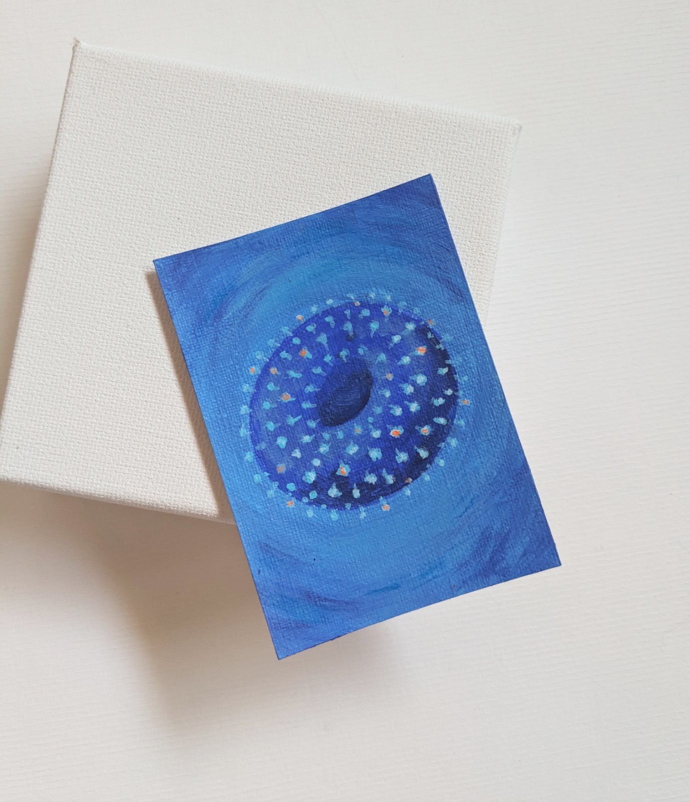 ACEO Original Art Acrylic Painting: Influenza Flu Virus as Donut 2.5 x 3.5 OOAK