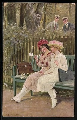 Artist postcard R. Borrmeister: girl on a bench 
