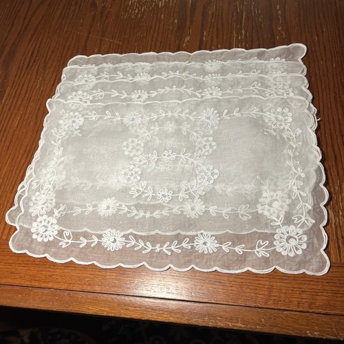 Vintage Jusi Cloth Floral Embroidery Silk Set 4 Placemats Sheer White 17” x 11”