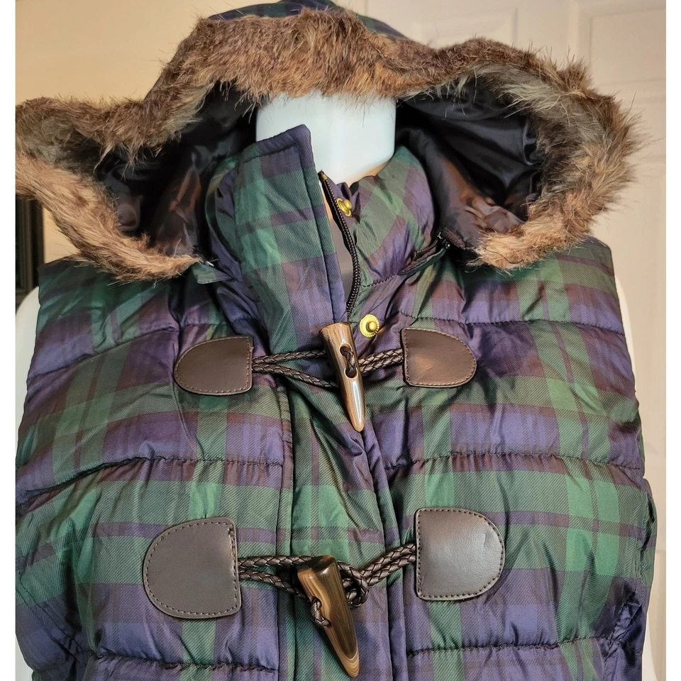 Chaleco acolchado Charter Club tartán a cuadros verde marino capucha extraíble talla XL Foto 2 de 4