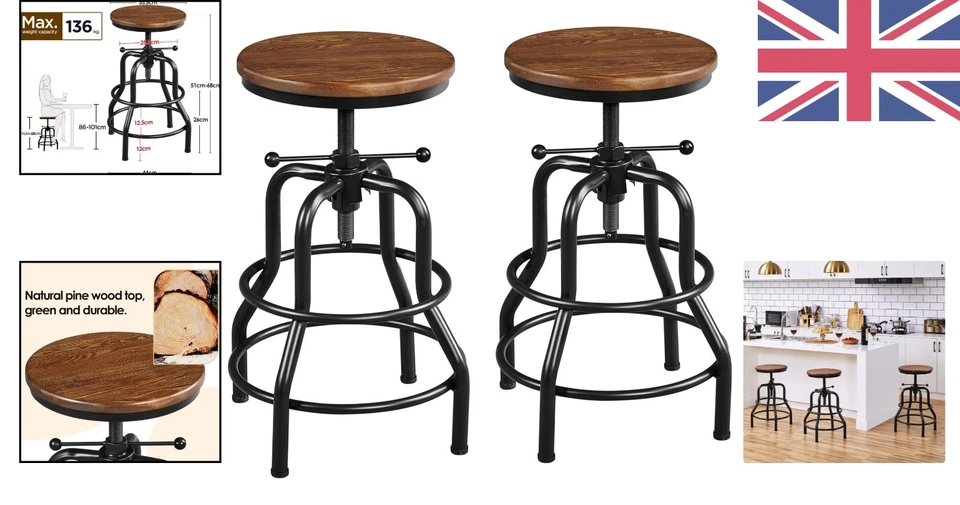 Vintage Adjustable Metal Bar Stools with Round Wooden Seat - Rustic Charm - Image 2 of 4