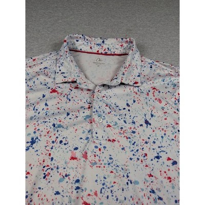 Obla Performance Golf Polo Shirt Mens XL White Red Blue Paint Splatter Stretch