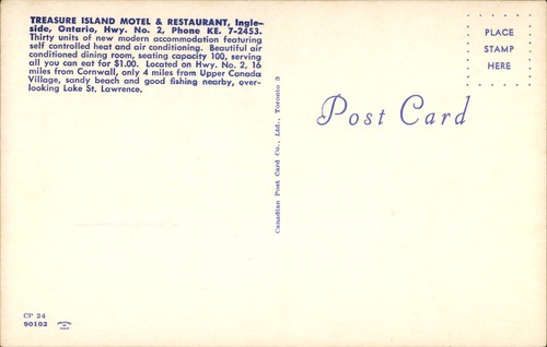 Kanada Ingleside, ON Treasure Island Motel, Strandszene, Vögel Ontario Postkarte - Bild 2 von 2