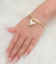 9ct Gold XP Ladies Gold Bangle Set Of 3 Cz Heart Charm, Womens Bangle Set 7.5"