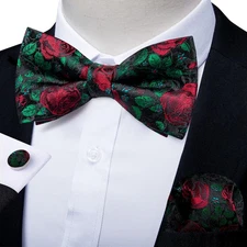Green & Red Flower Mens Bowtie Pretied Bow Ties Hankie Cufflinks Set Wedding 