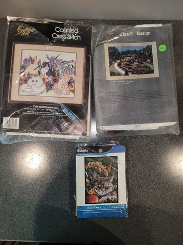 Lot 3 Counted Cross Stitch Kits Cats & Flowers Bucilla Golden Bee Garden NEW NIP - Picture 1 of 8