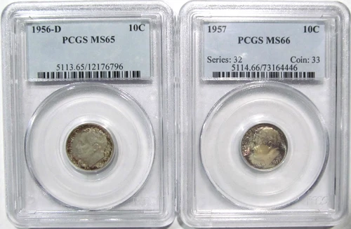 1956-D PCGS MS 65 & 1957 PCGS MS 66 ROOSEVELT Silver Dimes