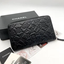 CHANEL Icon Line Quilted Leather Long Wallet Zip Around CC Logo Black Embossed