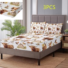 Sheet Set 3PCS Farmhouse Cow Animals Fitted Sheet with 2 Pillowcases for Bedroom