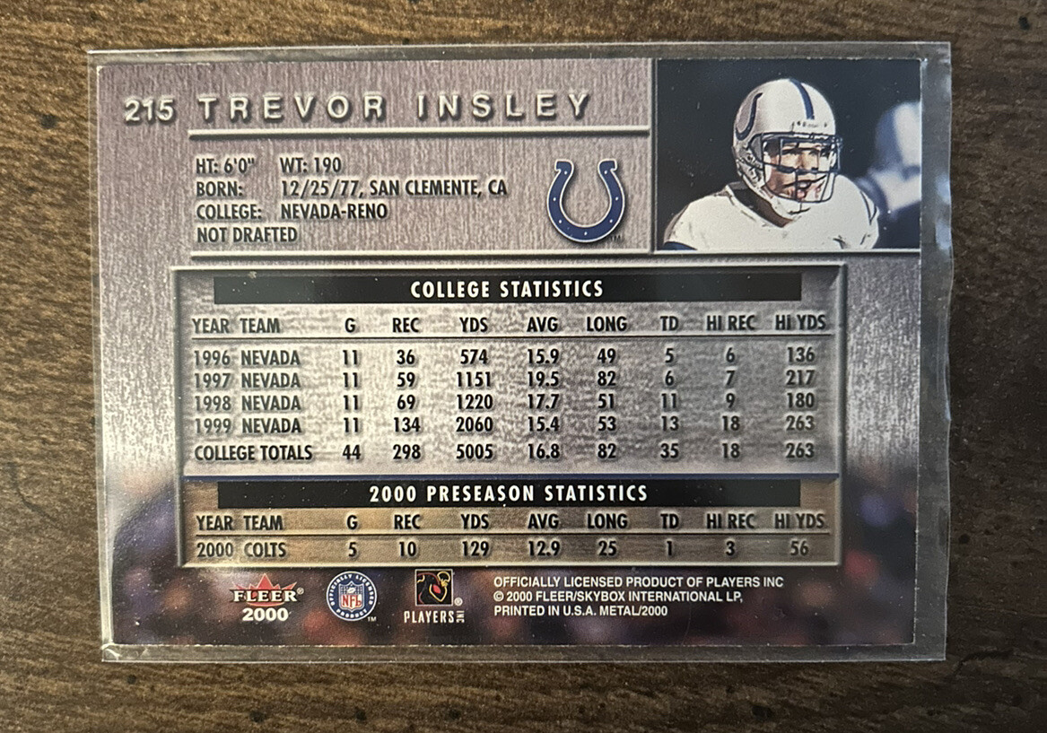 2000 Fleer Metal Trevor Insley #215 Rookie RC Indianapolis Colts